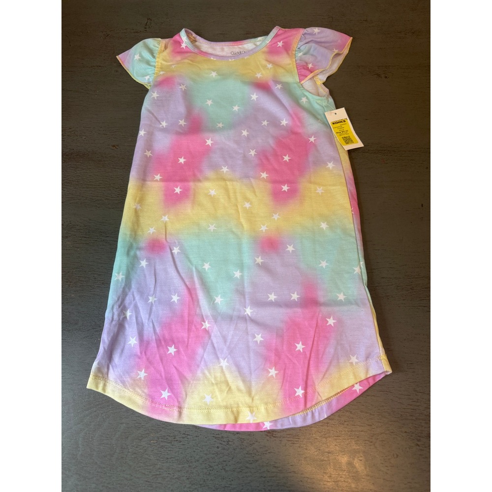 Cuddl Duds Girls Tie Dye Star Nightgown Pastel Flutter Sleeve Sleep Dress S 6/6X